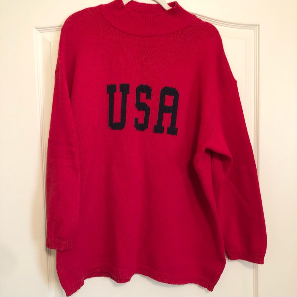 Vintage 90s Liz Claiborne Mock Neck Cotton Red & Blue USA Sweater Americana
